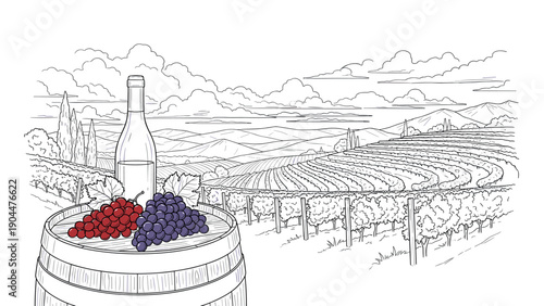 Vineyard landscape with wine bottle and grapes on barrel in linear art style