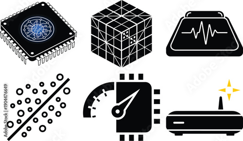 Six black and white technology including microchip circuit cube server motherboard components