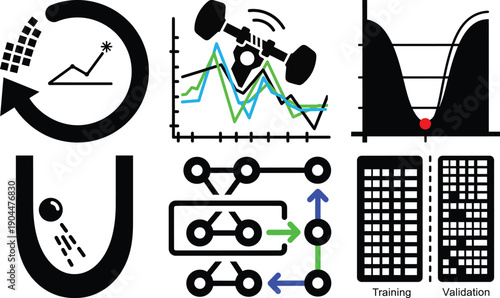 Six depicting data analysis machine learning and process flow graph chart