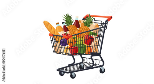 Fresh Groceries in Shopping Cart vector illustration, Healthy Food Items and Produce in a Market Basket, Vector Artwork of Supermarket Trolley