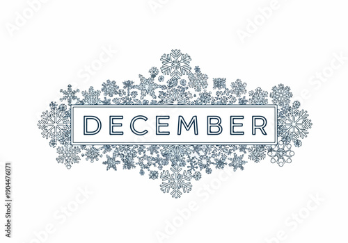 Decorative December typography featuring an intricate snowflake frame, symbolizing the winter season and holiday spirit, ideal for festive greetings and seasonal designs
