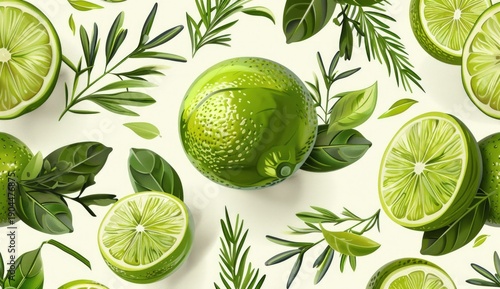 Seamless pattern of bright green limes, cut and whole, with various fresh green leaves