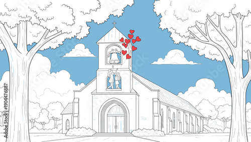 Church with bells and heart balloons on a sunny day