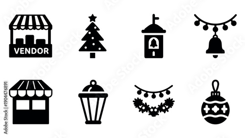 Silhouette icons of holiday market stalls and decorations
