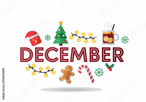 Embrace the festive winter season with this vibrant graphic featuring 'December' in bold red letters, playfully adorned with a classic Santa hat and elegant snowflakes