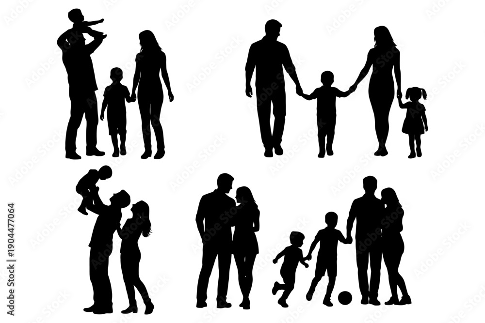 Obraz premium Silhouettes of families: adults and children playing and walking together.