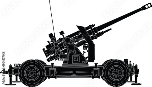 cannon, artillery, military, weapon, army, silhouette, howitzer, defense, industrial, war, armored, heavy, machinery, vector, isolated