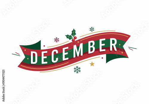 Festive banner design for December, adorned with traditional red and green colors, holly, berries, and snowflakes, ideal for holiday season greetings, winter events, and seasonal promotions