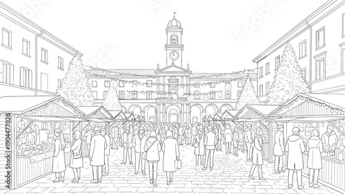 Festive christmas market square with stalls and crowd in linear style