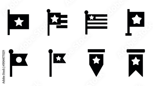 Simplistic flag icons with stars and stripes in black and white silhouette design