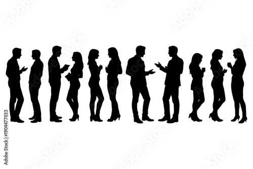 Silhouettes of diverse adults engaged in conversation on white background.