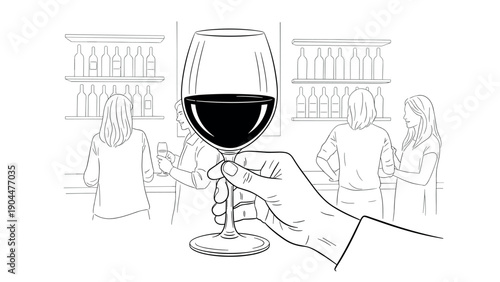 Elegant wine tasting in minimalist line art bar scene with people