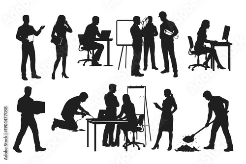Silhouettes of diverse professionals engaged in various occupations and tasks.