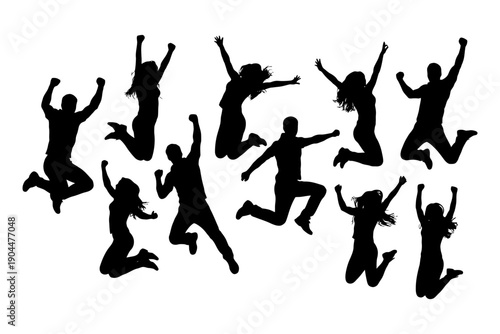 Diverse silhouettes of jumping people expressing joy and freedom.