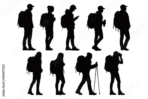 Silhouette of male and female hikers with backpacks in various poses.