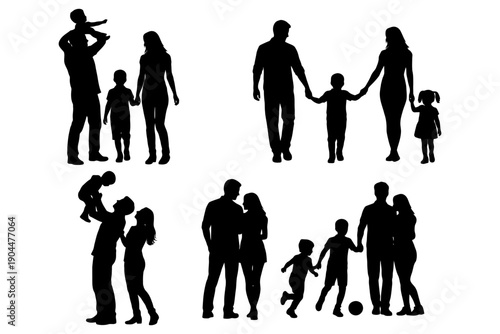 Silhouettes of families: adults and children playing and walking together.