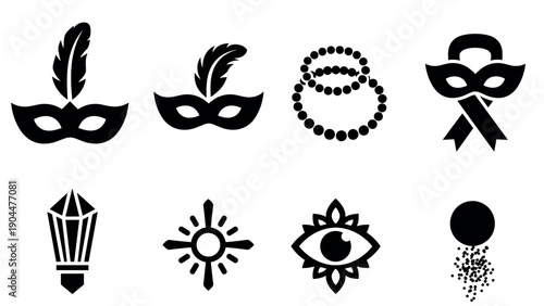 Carnival mask collection with feather, beads, and abstract elements in bold silhouette style