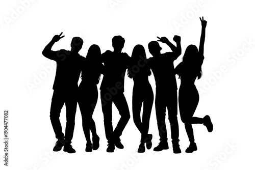 Silhouette of diverse group celebrating with raised hands and energetic poses.