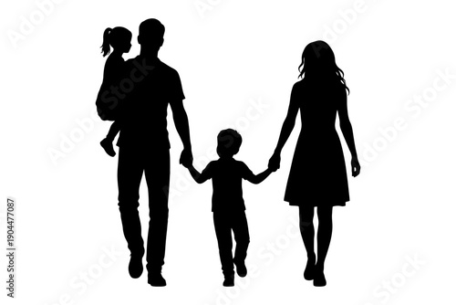 Silhouette of family: father, mother, son, daughter holding hands.