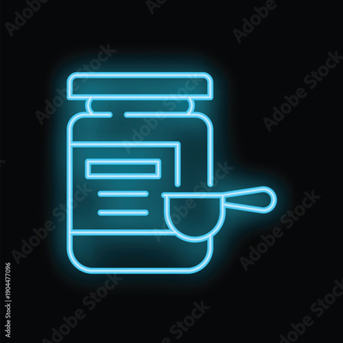 Bright blue neon sign of a supplement container with scoop, glowing on a black background