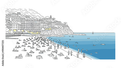 Coastal city beach scene with skyline and beachgoers in linear style