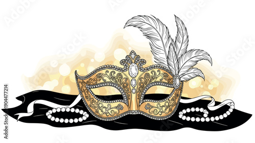 Ornate gold venetian mask with feathers and pearls on elegant black fabric