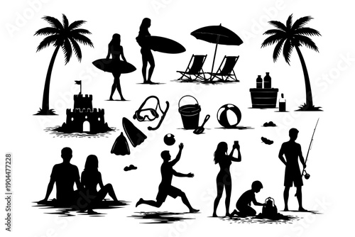 Beach silhouettes: surfing, relaxing, family activities, tropical setting.