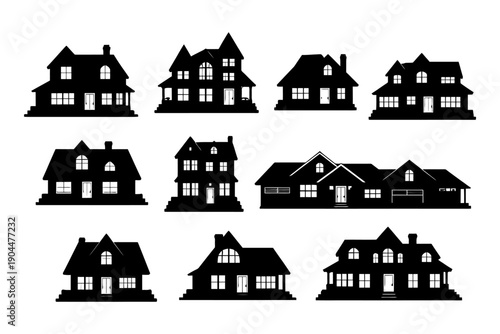 Collection of various house silhouettes on white background.