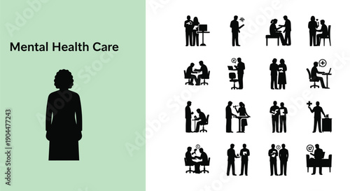 Mental health care silhouette set showing therapy counseling support and wellness concept