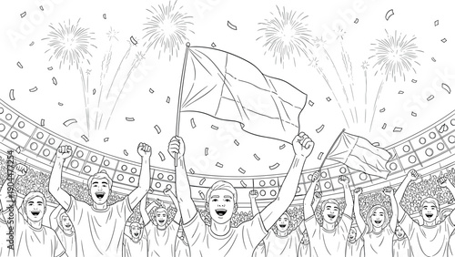 Celebration in stadium with crowd cheering and fireworks in background