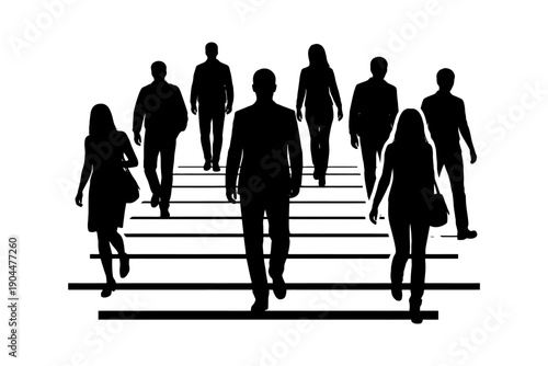 Silhouette of diverse people walking in formation on crosswalk.