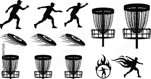 Collection of Black Silhouettes Featuring Disc Golf Players Throwing Flying Discs into Metal Chain Baskets for Outdoor Sports and Recreational Activity Graphic Designs