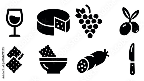 Gourmet food icons: wine, cheese, grapes, olives, crackers, sausage, knife