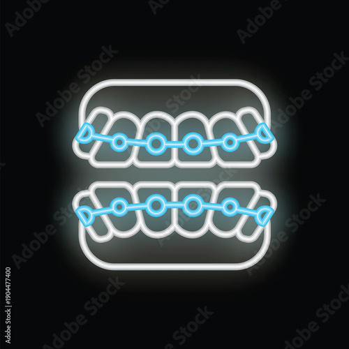 Blue and white neon icon of upper and lower teeth with braces on a black background