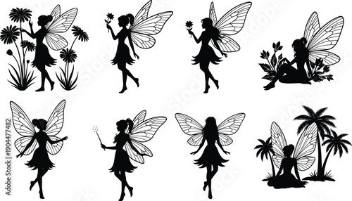 Collection of Eight Black Silhouette Vector Illustrations Featuring Magical Winged Fairies in Various Poses Among Flowers and Palm Trees for Fantasy Graphic Designs