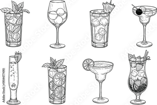Collection of Eight Detailed Black and White Hand Drawn Vector Illustrations of Various Cocktails and Mixed Drinks with Garnishes for Bar Menu Designs