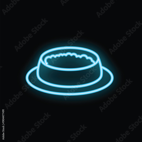 Neon blue icon of full pet food bowl glowing on black background