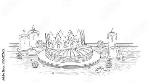 Black and white king's cake with crown and candles in elegant line art