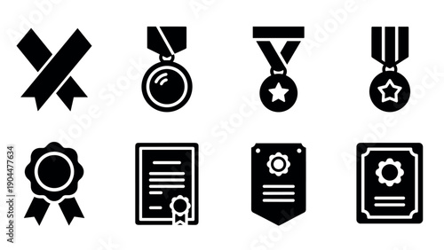 Award icons set: medals, ribbons, badges, and certificates in silhouette style