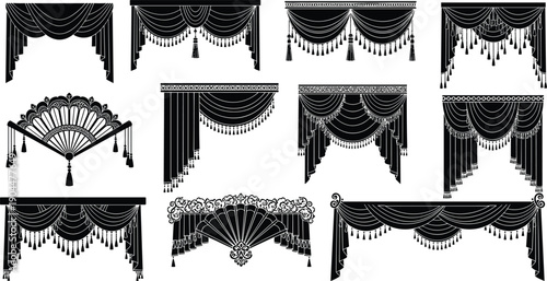 Collection of Eleven Detailed Black Silhouettes Featuring Luxury Window Curtains Valances and Drapery with Decorative Tassels and Fringe for Interior Design and Decor Projects