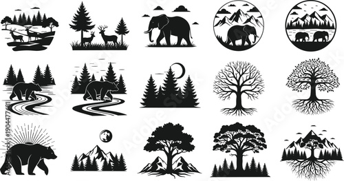 Collection of Nature Silhouette Icons Featuring Wild Animals Like Bears Elephants and Deer with Forest Trees Mountains and Roots for Outdoor Adventure Logo Design Elements