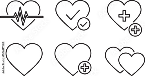 Medical Icons Set with Heartbeat, Checkmark Heart and Plus Sign on White Background
