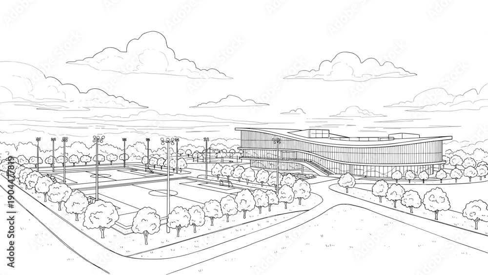 Obraz premium Modern sports complex with soccer fields and futuristic architecture