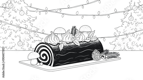 Festive yule log with holiday decorations in black and white
