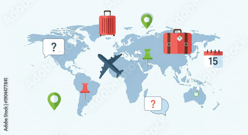 Travel planning concept with airplane luggage and map on white background for adventure and vacation