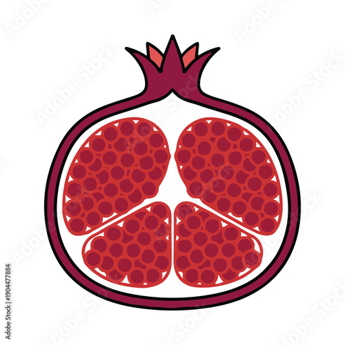 Minimalist half-sliced pomegranate fruit vector icon showing internal seeds isolated