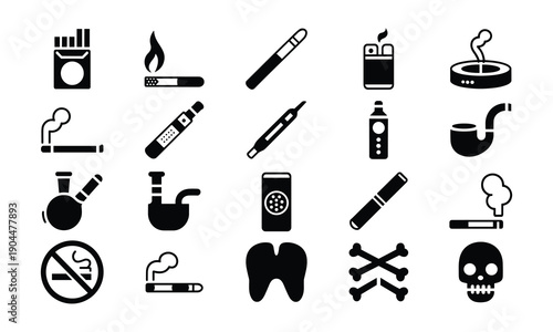 Black icons of various smoking related objects and symbols