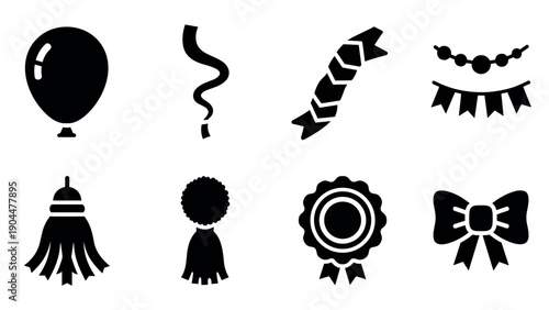 Celebration icons set: balloons, streamers, ribbons, and banners silhouette collection