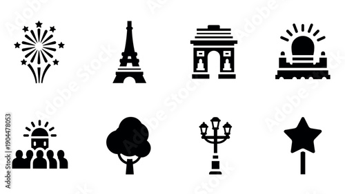 Icon set of famous landmarks and symbols in simple black silhouette style