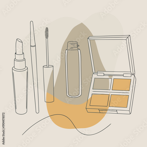 Beauty products set with serum bottle and makeup brushes on laptop for online skincare tutorial